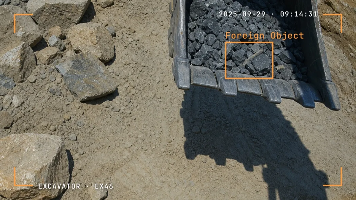 Excavator bucket camera view with a foreign object flagged among the dug rock.
